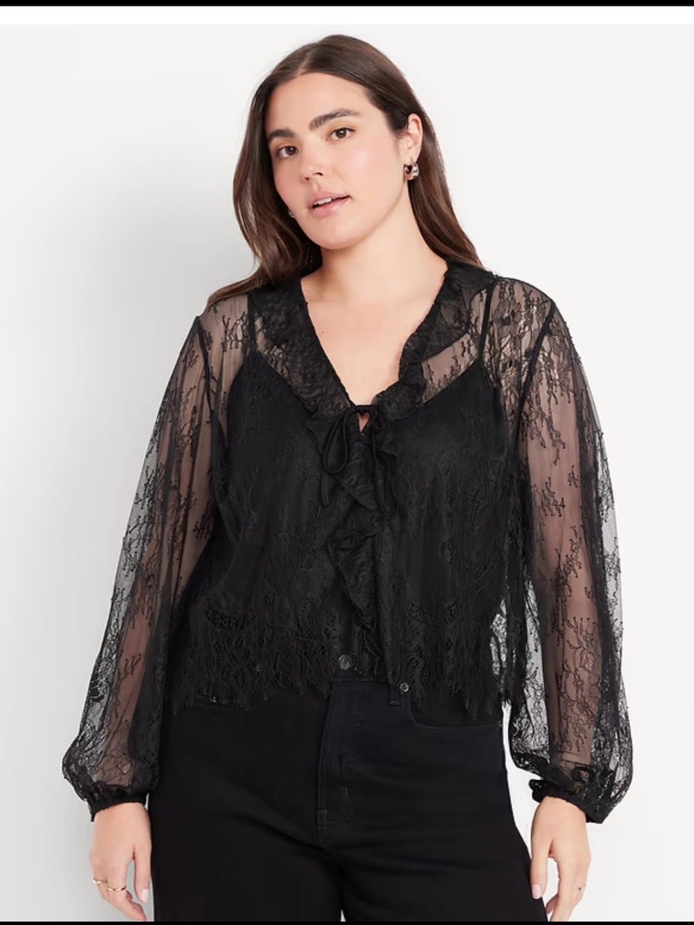 Old Navy Women's Sheer Lace Long Sleeve Tie V Neck Ruffle Trim Blouse Size XL